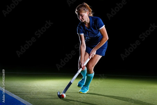Fototapeta Competitive female hockey player practices on a lit field during night
