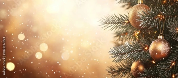 Fototapeta Festive Christmas ornaments on a spruce tree branch with a blurred golden background and space for seasonal text or messages