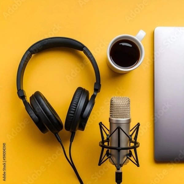 Fototapeta A flat lay photo of a podcasting setup featuring headphones, a microphone, a coffee cup, and the back of a closed laptop, all arranged on a vibrant yellow background