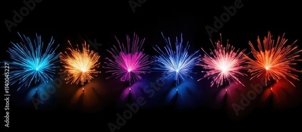 Fototapeta Colorful fireworks display in various vibrant hues lighting up the night sky with reflections on a dark background