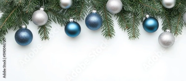 Obraz Christmas background with green spruce branches silver and blue tinsel garland and decorative balls ideal for holiday greeting cards and banners