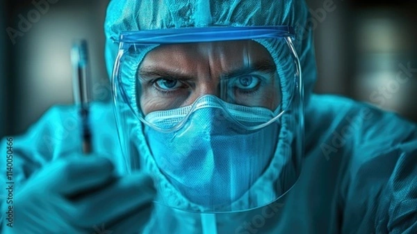 Fototapeta Focused caucasian man in medical protective gear with syringe