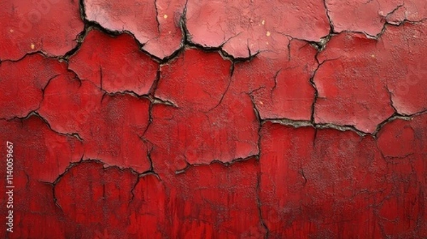 Fototapeta Textured cracked red paint wall background with intricate patterns and weathered details revealing layers beneath the surface.