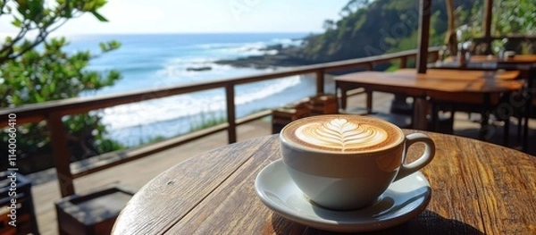 Obraz Latte art in a coffee cup on a wooden table with an ocean view creating a serene cafe atmosphere by the sea.