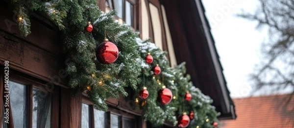 Fototapeta Traditional winter holiday decorations on a half-timbered home featuring greenery and red ornaments gleaming in soft winter light