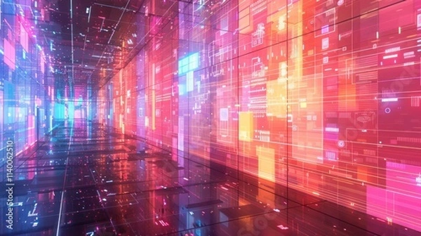 Fototapeta Neon Tunnel of Data: A Futuristic Corridor of Glowing Information