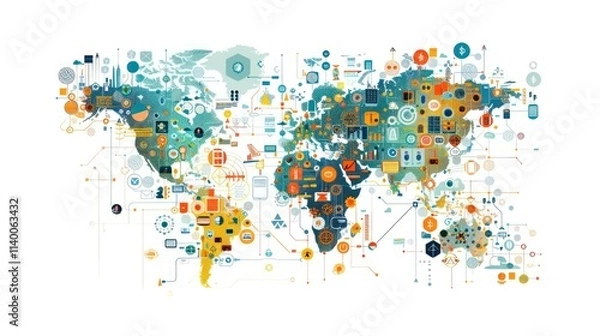Fototapeta Global Connectivity Visual Tapestry of Interwoven Data, Technology, and Innovation Across Continents