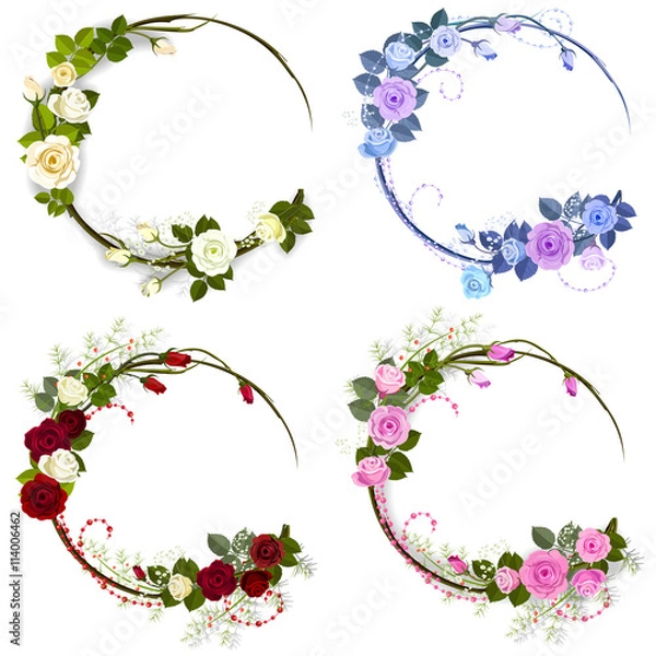 Obraz The elegant set of greeting cards with a tea roses in floral style. The design template with roses isolated on a white background.