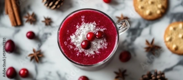 Fototapeta Cranberry punch in a cup topped with cranberries and snowflakes surrounded by spices and cookies on a marble surface