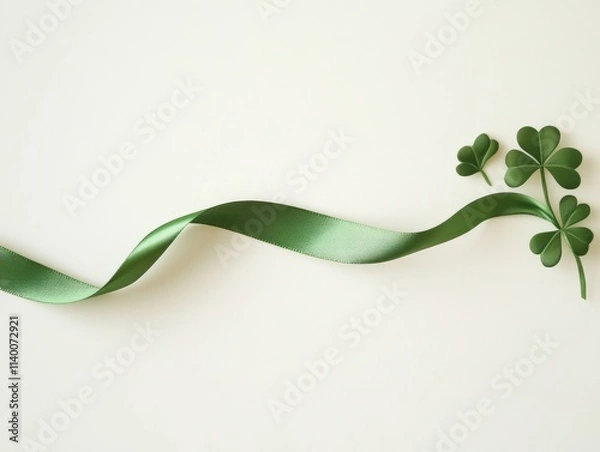 Fototapeta St. Patrick's Day decoration with a single green ribbon and a small shamrock on a clean, simple background. A subtle yet festive touch for the holiday 