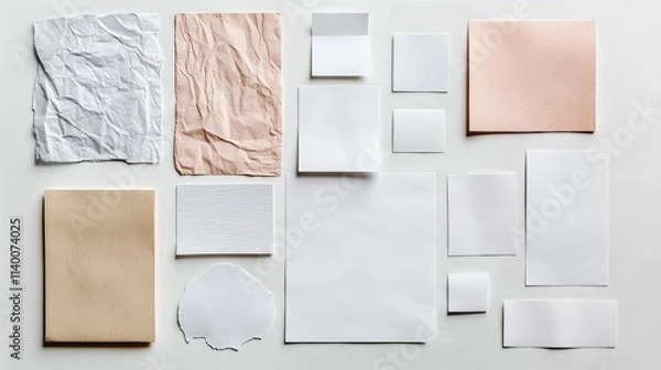 Fototapeta Creative stationery mockup featuring textured and flat paper materials for branding and design concepts on a neutral background.
