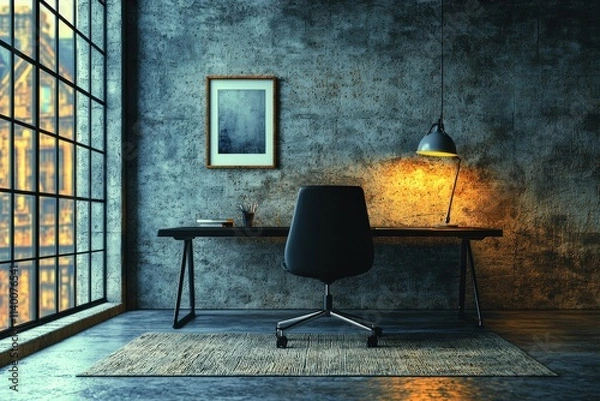 Fototapeta Serene workspace with industrial design elements, featuring a minimalist desk, chair, and large window overlooking a cityscape.