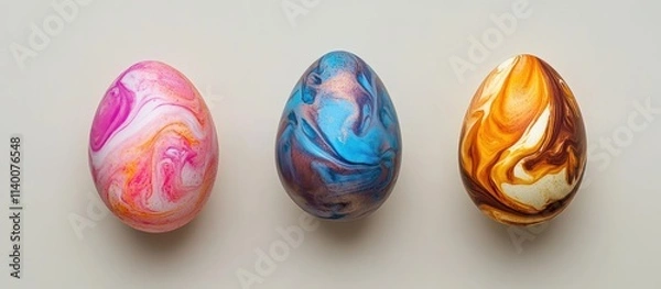 Fototapeta Colorful Easter eggs with marbled designs on a neutral background showcasing vibrant hues and festive patterns for holiday decorating.