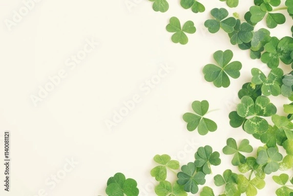 Obraz St. Patrick's Day decor featuring multiple green four-leaf clovers scattered across a soft, neutral background, symbolizing luck and celebration. A festive and minimalistic display perfect for the hol