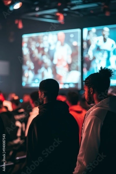 Fototapeta Two people watch a large screen displaying a game.