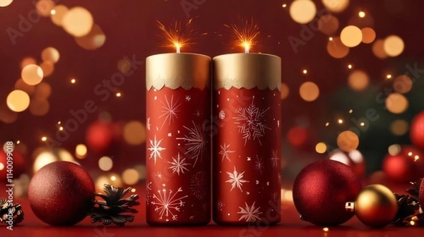 Fototapeta Two red Christmas candles with snowflakes, gold accents, and sparkling lights.