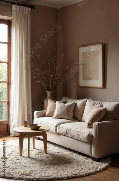 Fototapeta Sofa, pillows and window against beige neutral wall
