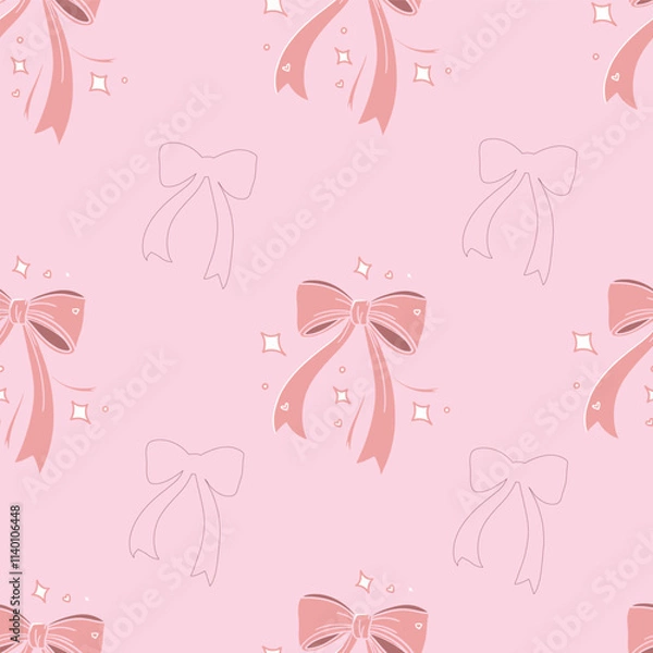 Obraz The bright pink bow is sparkling and fluttering. There is a bow around the outside.Seamless pattern. Vector.