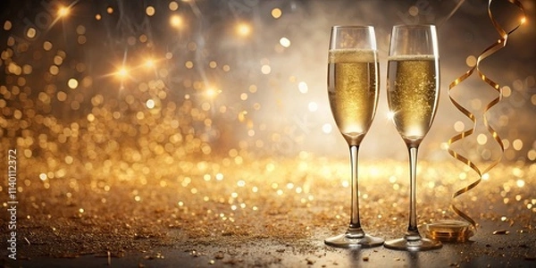 Fototapeta Golden Celebration Sparkling Wine Toast with Festive Lights and Confetti