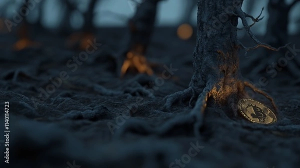 Fototapeta A golden Bitcoin coin lies in the charred remains of a forest, representing the potential risks and consequences of cryptocurrency.