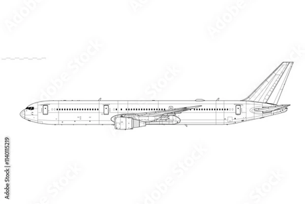 Obraz Boeing 767-400ER. Vector drawing of long-range, passenger jet airliner. Side view. Image for illustration and infographics.
