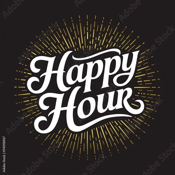 Fototapeta Happy Hour logo with celebration confetti Icon black background. Happy hour Chalkboard handwritten sign. Happy hour sticker, label, badge, poster, banner.