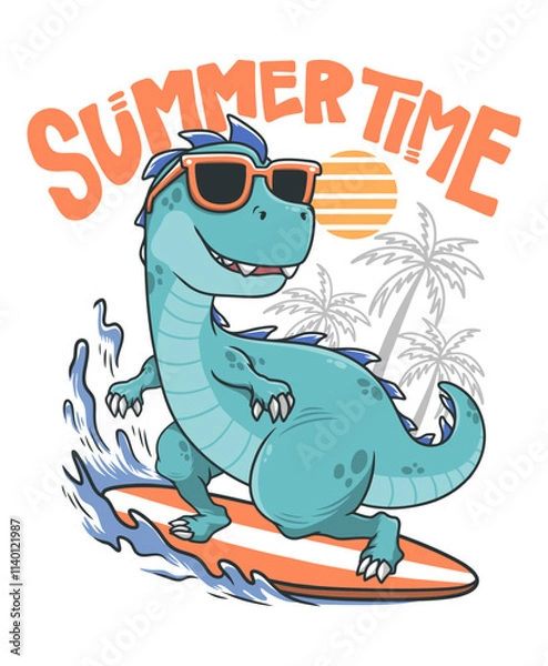 Obraz Cute Dinosaur Surfing Hand Drawn Vector Illustration Design