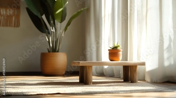 Fototapeta Cozy indoor oasis with sunlight streaming through sheer curtains and a minimalistic design