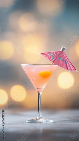 Fototapeta vibrant cocktail glass featuring layers of pink hues, garnished with small umbrella and cherry, set against blurred bokeh background