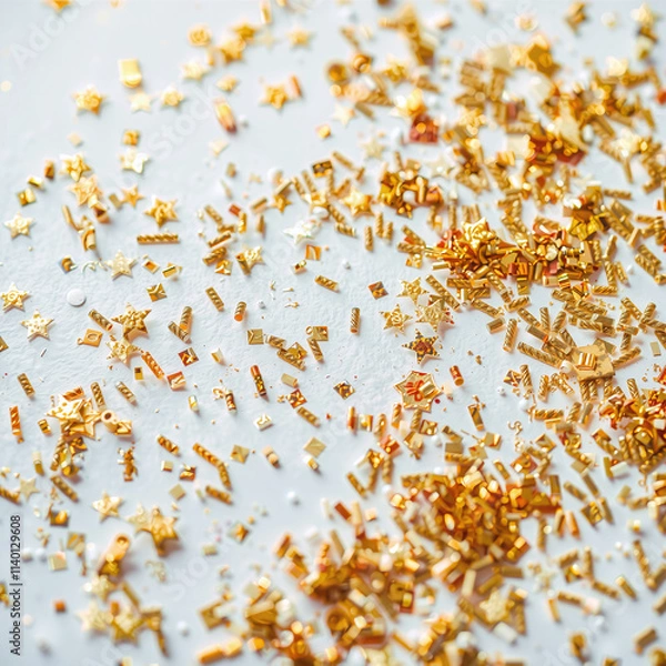 Fototapeta A close-up of shimmering gold glitter and confetti, creating a luxurious and glamorous backdrop