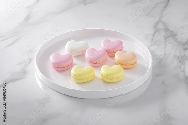 Fototapeta Plate of six different colored macaroons, each one shaped like a heart. The plate is white and sits on a marble countertop