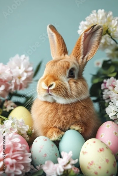 Fototapeta A charming bunny nestled amidst Easter eggs and lush flowers on a bright background, exuding warmth and seasonal cheer.