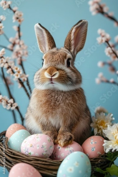 Fototapeta Lovely bunny inside a basket, adorned with pastel Easter eggs and flowers, creating a picturesque spring moment.