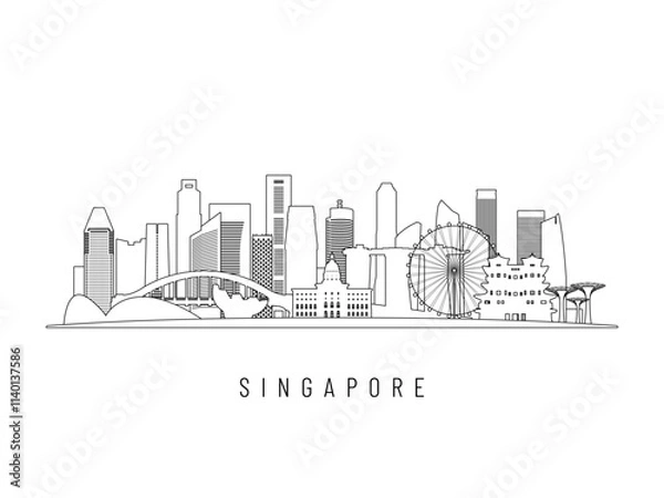 Fototapeta Detailed Singapore skyline vector illustration. Singapore buildings in line art style, perfect for modern designs.