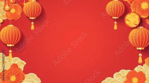 Obraz Red background with Chinese lanterns and floral design.