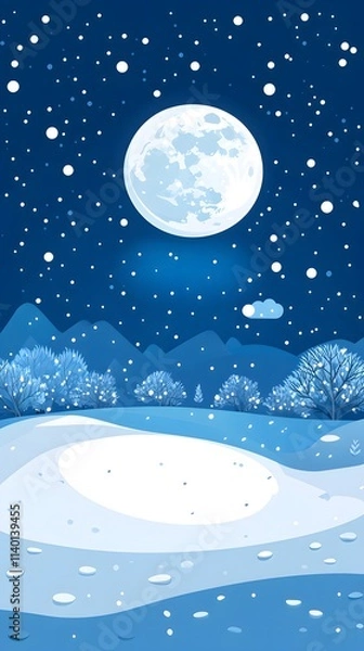 Obraz Starry sky, moonlight shining on the snowy ground, flat illustration style, simple background, cartoon style, vector graphics