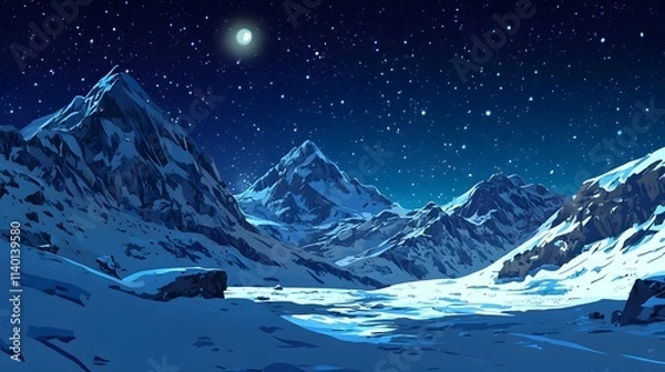 Obraz Starry sky, moonlight shining on the snowy ground, flat illustration style, simple background, cartoon style, vector graphics