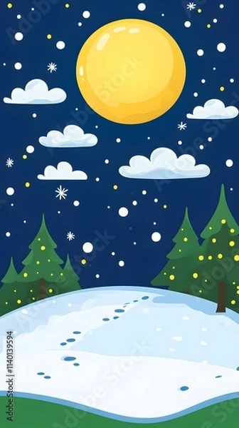 Obraz Starry sky, moonlight shining on the snowy ground, flat illustration style, simple background, cartoon style, vector graphics