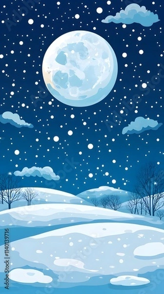 Obraz Starry sky, moonlight shining on the snowy ground, flat illustration style, simple background, cartoon style, vector graphics
