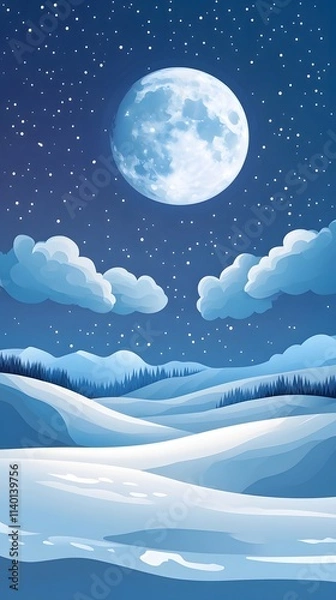 Obraz Starry sky, moonlight shining on the snowy ground, flat illustration style, simple background, cartoon style, vector graphics