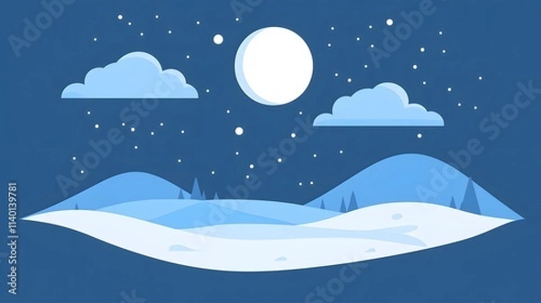Obraz Starry sky, moonlight shining on the snowy ground, flat illustration style, simple background, cartoon style, vector graphics
