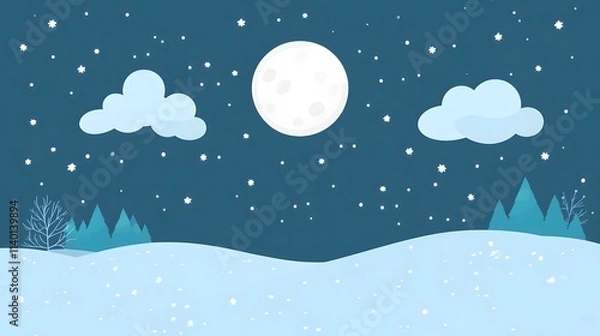 Obraz Starry sky, moonlight shining on the snowy ground, flat illustration style, simple background, cartoon style, vector graphics