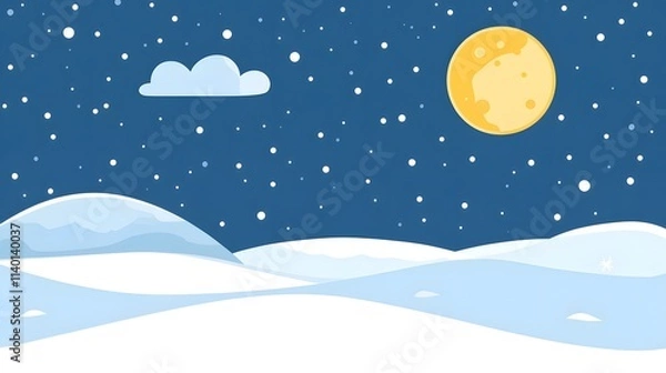 Obraz Starry sky, moonlight shining on the snowy ground, flat illustration style, simple background, cartoon style, vector graphics