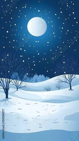 Obraz Starry sky, moonlight shining on the snowy ground, flat illustration style, simple background, cartoon style, vector graphics