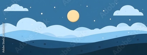 Obraz Starry sky, moonlight shining on the snowy ground, flat illustration style, simple background, cartoon style, vector graphics
