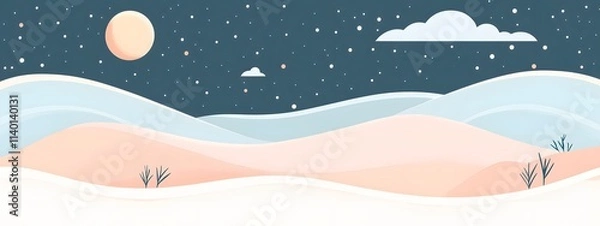 Obraz Starry sky, moonlight shining on the snowy ground, flat illustration style, simple background, cartoon style, vector graphics