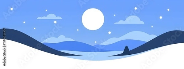 Obraz Starry sky, moonlight shining on the snowy ground, flat illustration style, simple background, cartoon style, vector graphics