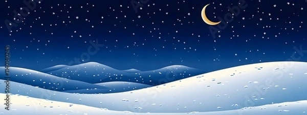 Obraz Starry sky, moonlight shining on the snowy ground, flat illustration style, simple background, cartoon style, vector graphics