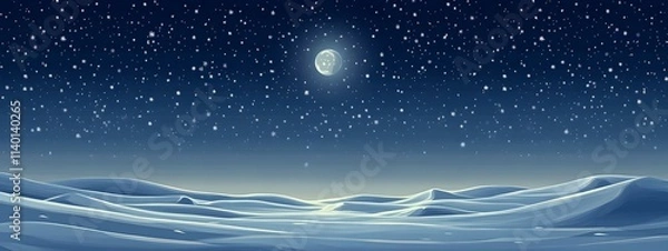 Obraz Starry sky, moonlight shining on the snowy ground, flat illustration style, simple background, cartoon style, vector graphics