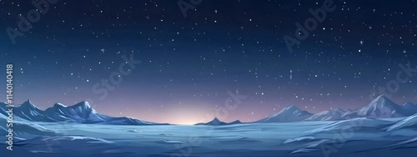 Obraz Starry sky, moonlight shining on the snowy ground, flat illustration style, simple background, cartoon style, vector graphics